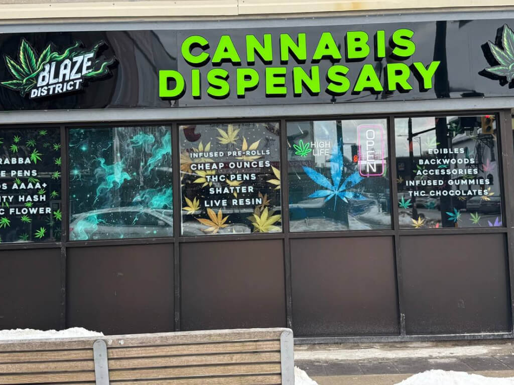 Blaze District cannabis store at 1 Dunlop St E, storefront and entrance