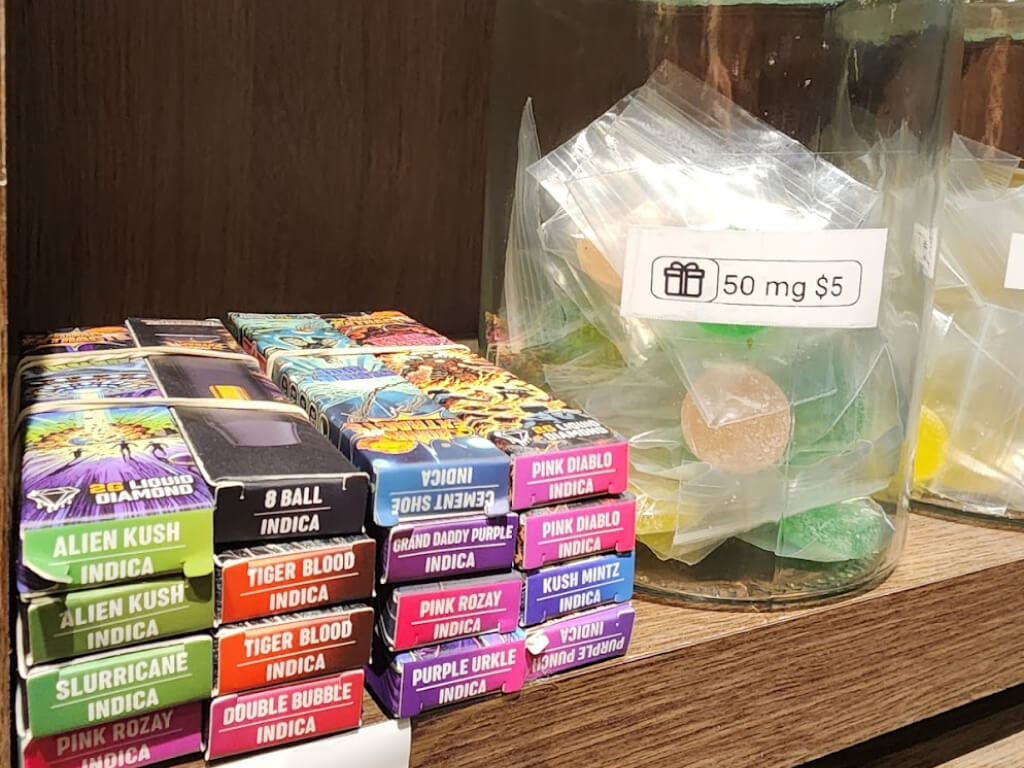 Products on shelves inside Blaze District dispensary in Hamilton