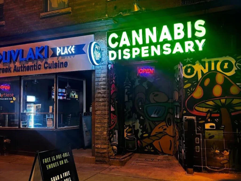 Blaze District cannabis dispensary on Bloor St W, entrance at night