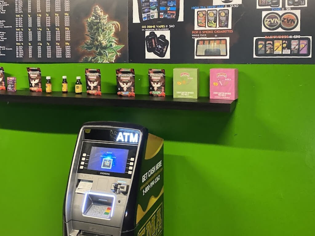 Blaze District cannabis store at 1537 Queen St West, ATM inside the store