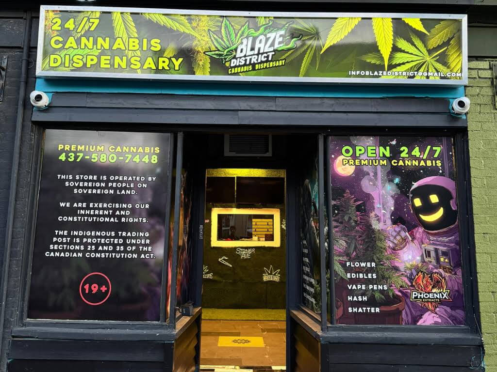 Blaze District cannabis store at 1537 Queen St West, front entrance area