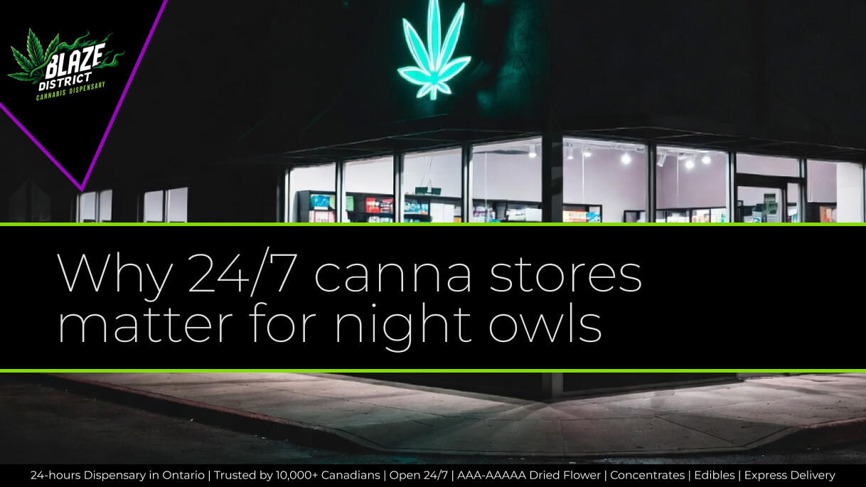 Night shift worker urban scene, 24-hour legal cannabis access in Ontario, Blaze District