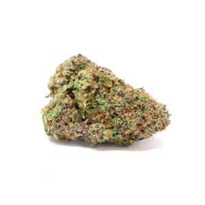 Close-up of a cannabis bud with green leaves, orange hairs, and frosty trichomes on a white background.